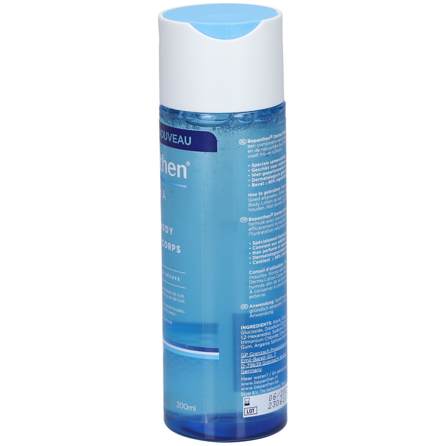 Achterkant van de Bepanthen Derma wasgelfles. Tekst en barcode. Blauwe en witte kleuren.