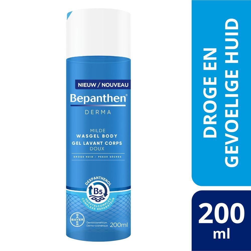 Bepanthen Derma wasgel. Blauwe fles met witte dop. Tekst: Milde wasgel voor de droge huid.