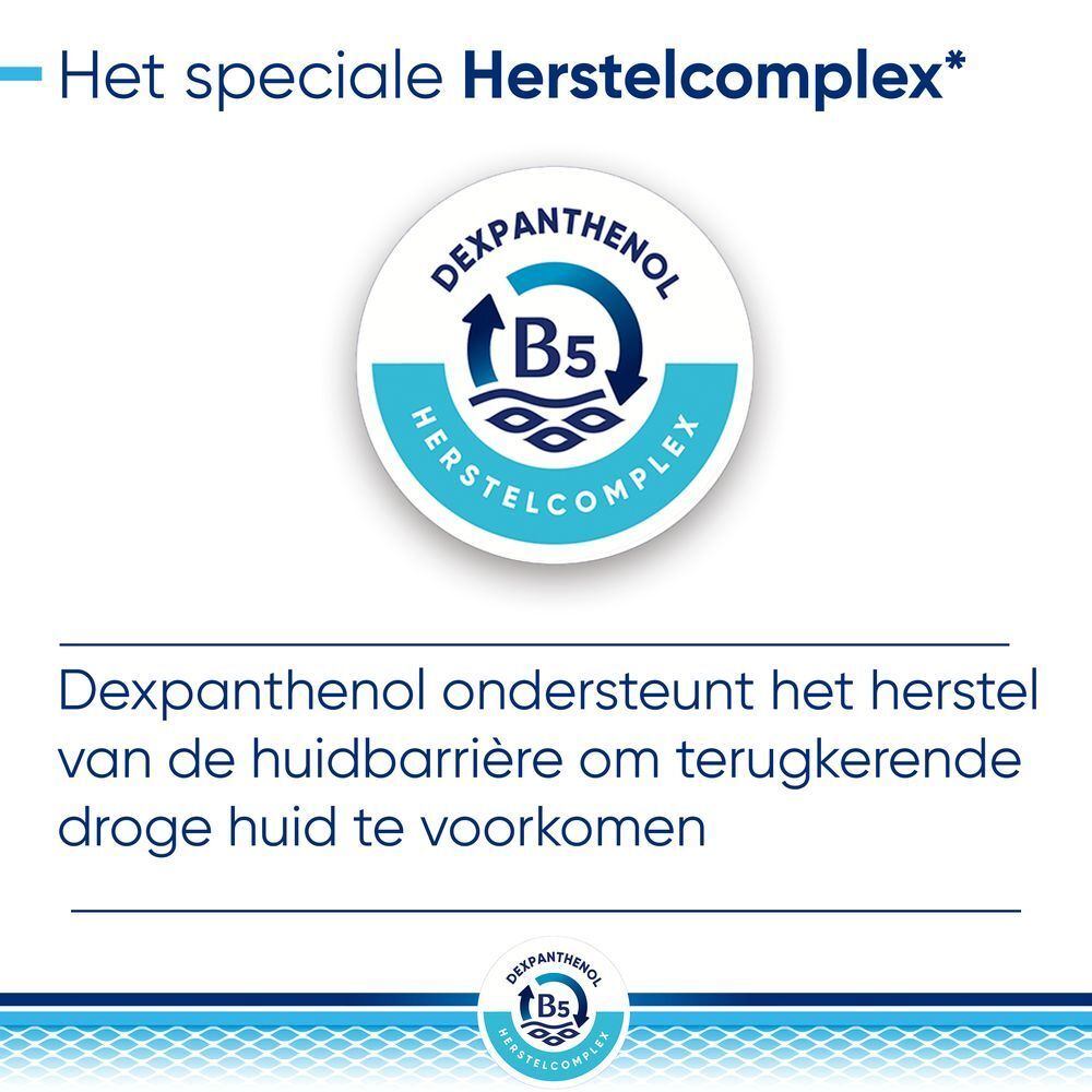 Bepanthen Derma wasgel. Blauwe fles met witte dop. Tekst: Milde wasgel voor de droge huid.