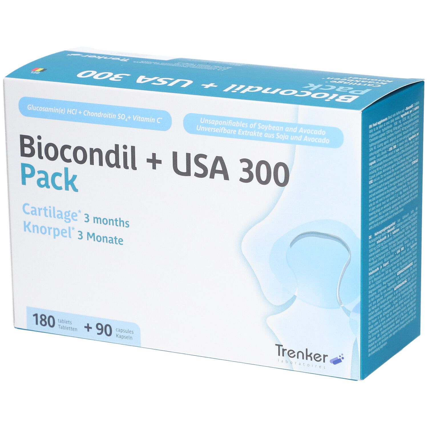 Boîte Biocondil + USA 300. Contient 180 comprimés et 90 gélules. Inscription : Cartilage 3 mois, Knorpel 3 Monate. Marque Trenker.