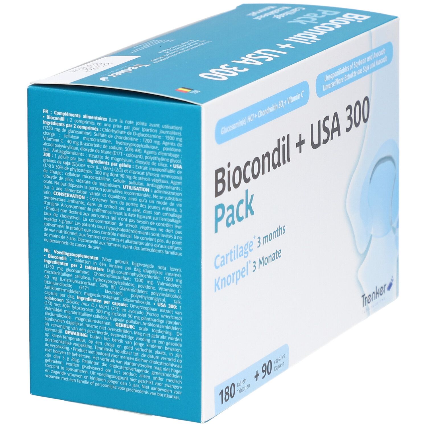 Boîte Biocondil + USA 300. Contient 180 comprimés et 90 gélules. Inscription : Cartilage 3 mois, Knorpel 3 Monate. Marque Trenker.