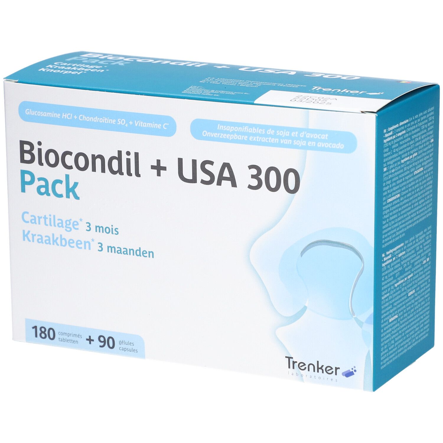Boîte Biocondil + USA 300. Contient 180 comprimés et 90 gélules. Inscription : Cartilage 3 mois, Kraakbeen 3 maanden. Marque Trenker.