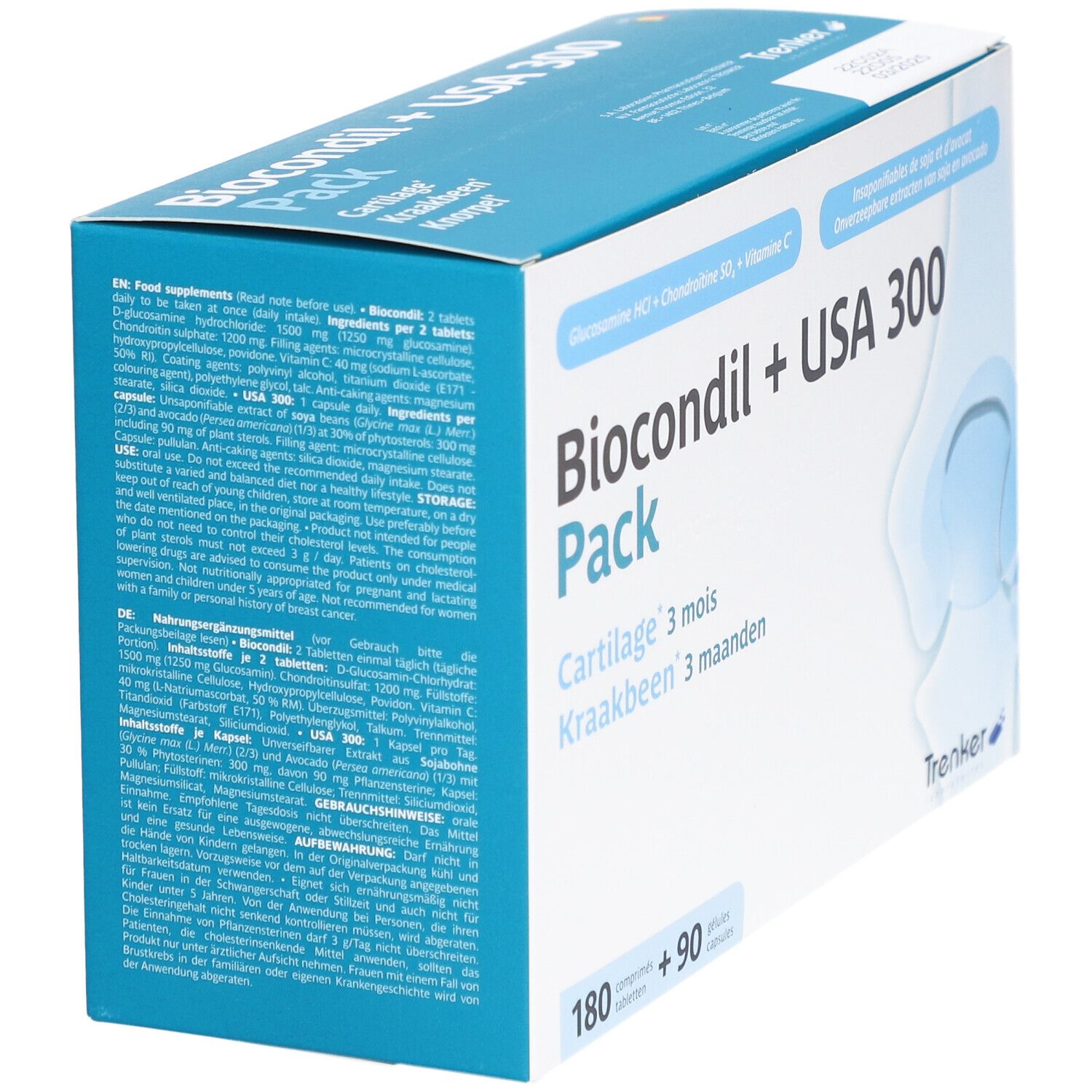 Boîte Biocondil + USA 300. Contient 180 comprimés et 90 gélules. Inscription : Cartilage 3 mois, Kraakbeen 3 maanden. Marque Trenker.