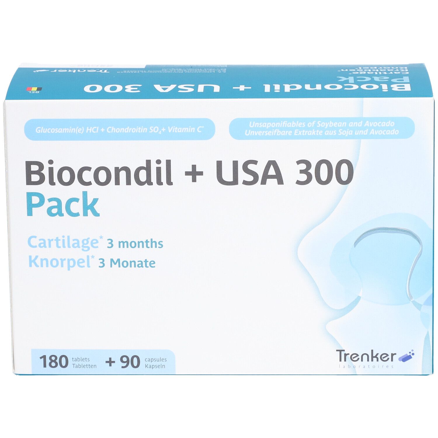 Boîte Biocondil + USA 300. Contient 180 comprimés et 90 gélules. Inscription : Cartilage 3 months, Knorpel 3 Monate. Marque Trenker.