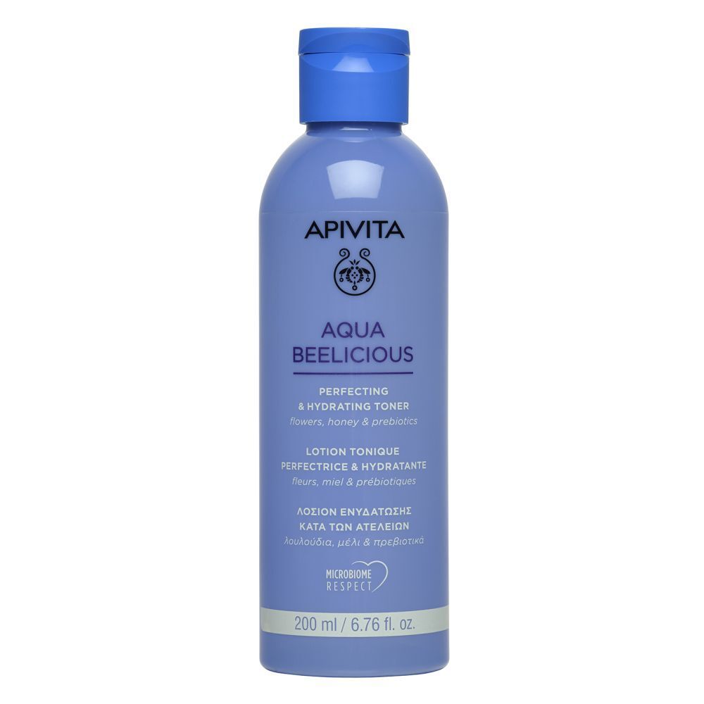 Flacon bleu clair avec bouchon bleu. Inscription : APIVITA Aqua Beelicious. Lotion tonique perfectrice & hydratante.