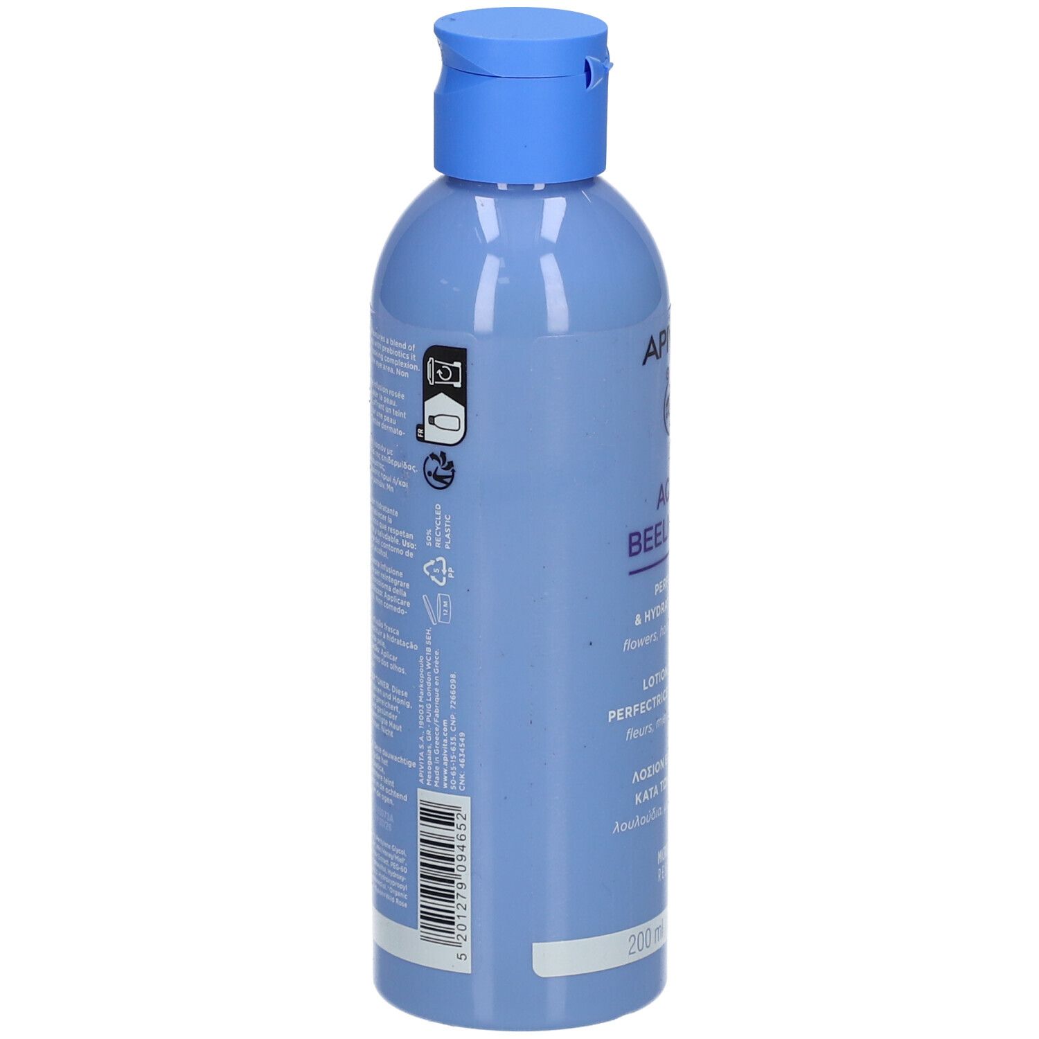 Dos du flacon bleu clair avec bouchon bleu. Texte et symboles. Nom du produit : APIVITA Aqua Beelicious.