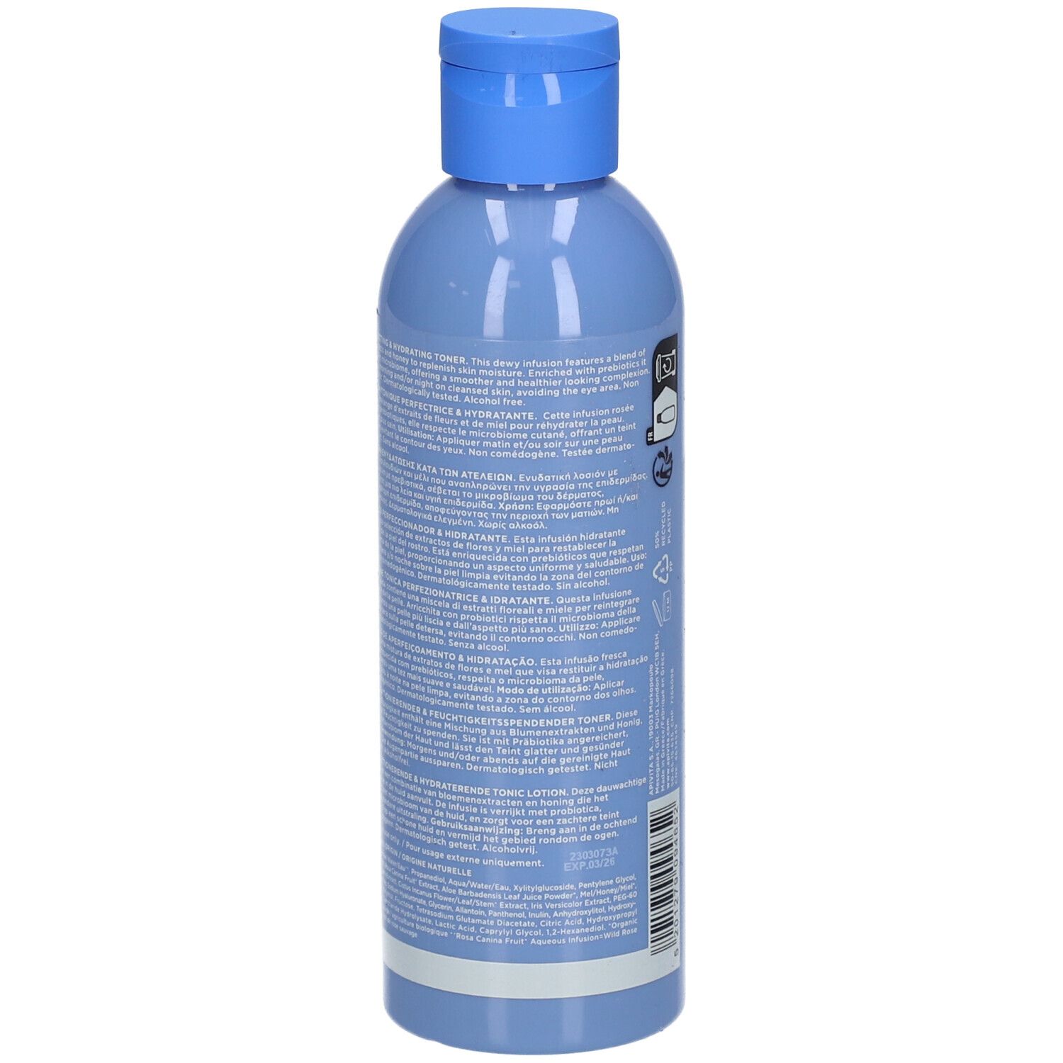 Dos du flacon bleu clair avec bouchon bleu. Texte. Nom du produit : APIVITA Aqua Beelicious. Ingrédients.