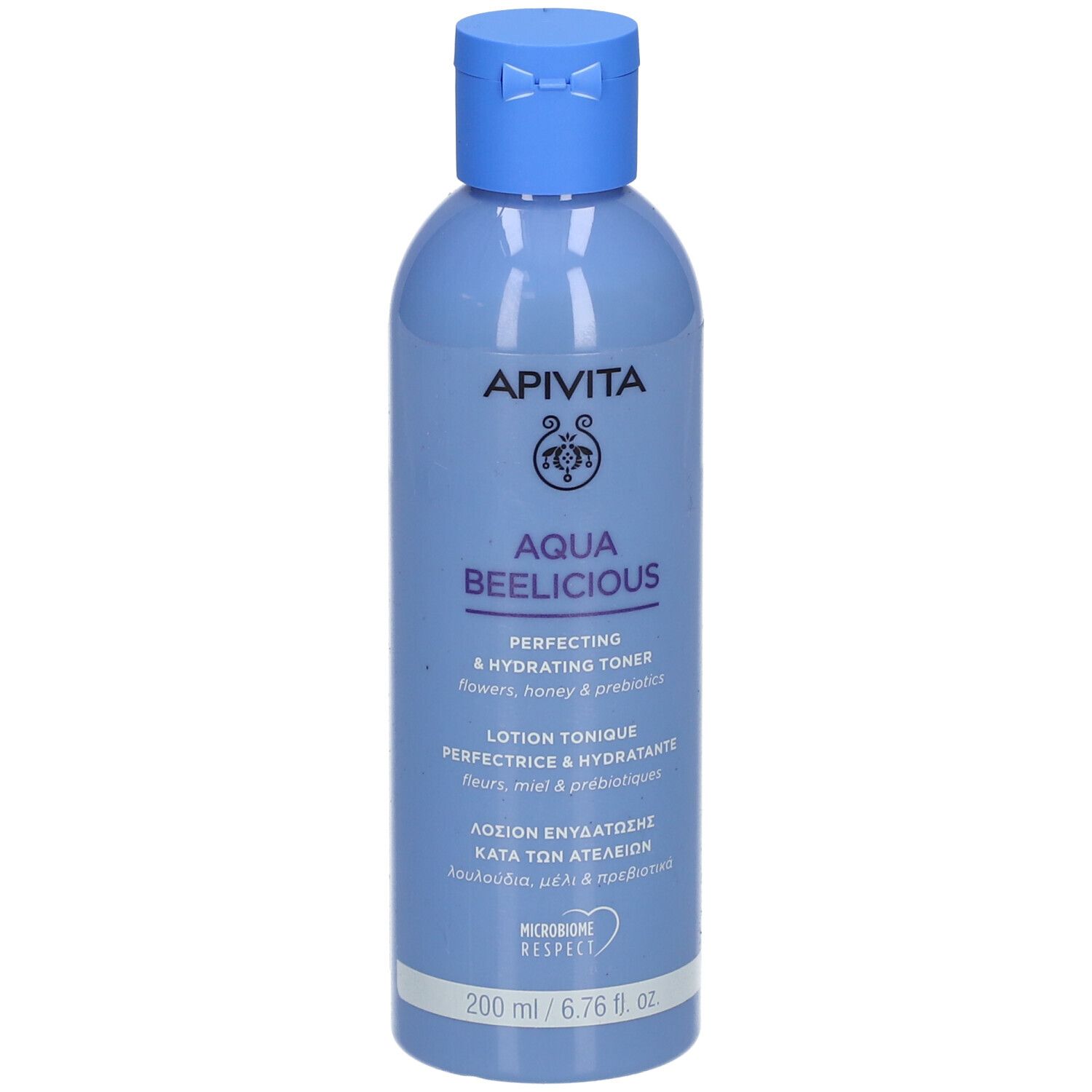 Flacon bleu clair avec bouchon bleu. Inscription : APIVITA Aqua Beelicious. Lotion tonique perfectrice & hydratante.