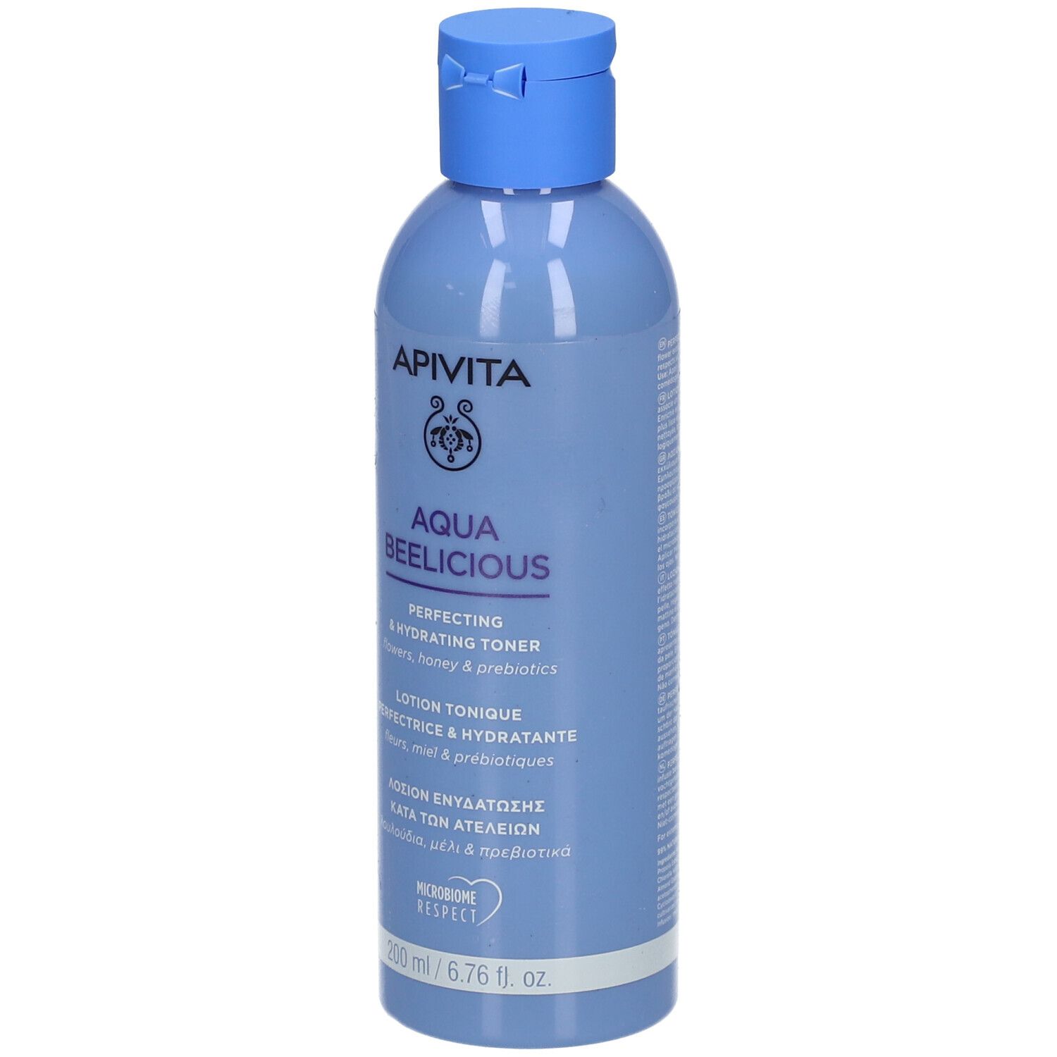 Flacon bleu clair avec bouchon bleu. Inscription : APIVITA Aqua Beelicious. Lotion tonique perfectrice & hydratante.
