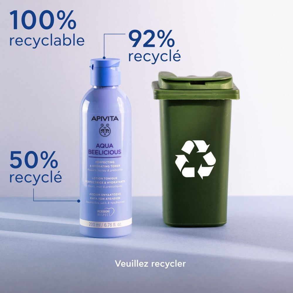 Flacon et poubelle avec symboles de recyclage. Texte : 100% recyclable, 92% recyclé, 50% recyclé. Texte : Veuillez recycler.