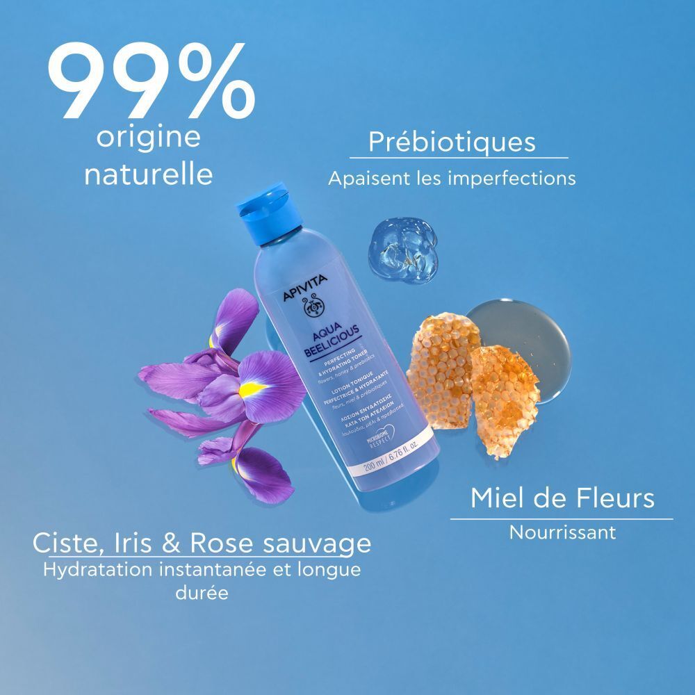 Flacon, fleurs, nid d'abeilles et gouttes. Texte : 99% d'origine naturelle. Texte : Miel, prébiotiques, ciste, iris & rose sauvage.