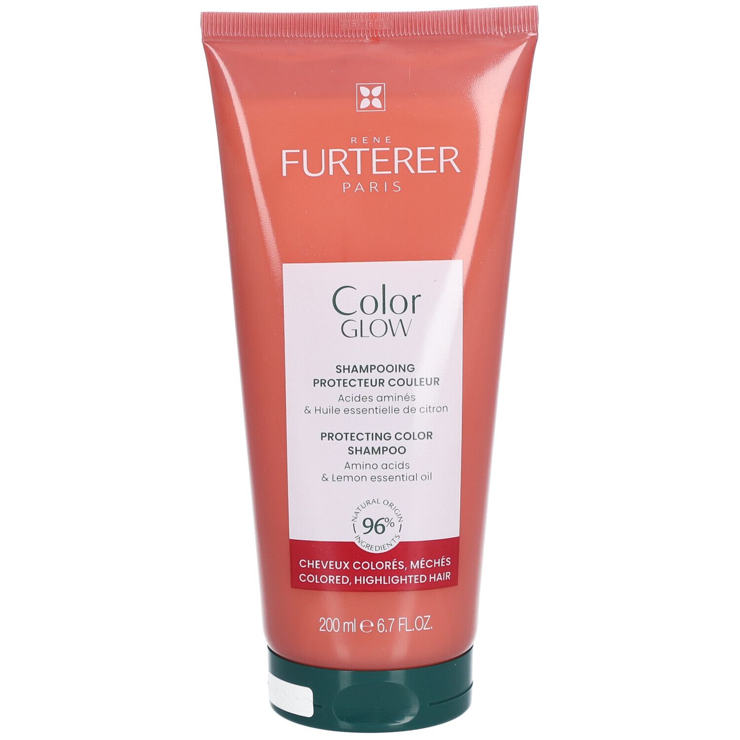 Shampoo-Tube, rosa. René Furterer Paris, Color Glow. Für coloriertes Haar. 96% natürliche Inhaltsstoffe.