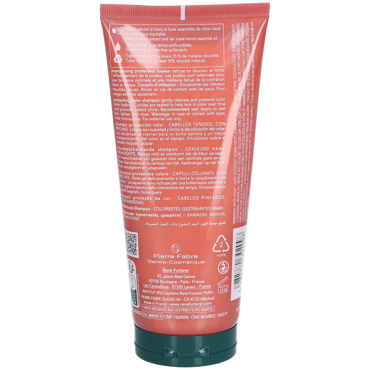 Rückseite der Shampoo-Tube. Text, Inhaltsstoffe, Hinweise. Pierre Fabre Dermo-Cosmétique. Hergestellt in Frankreich.