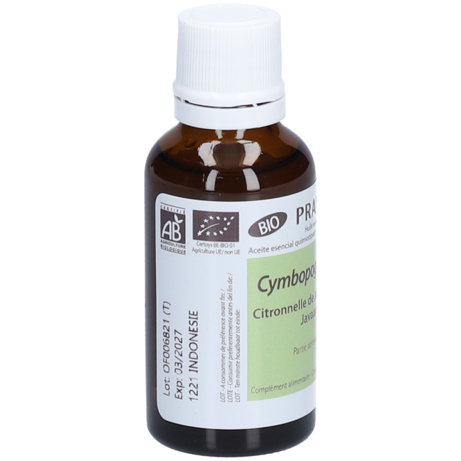 Bruine glazen fles met witte dop. Opschrift: Pranarôm, Cymbopogon winterianus, Citronnelle de Java. Bio- en AB-keurmerk.