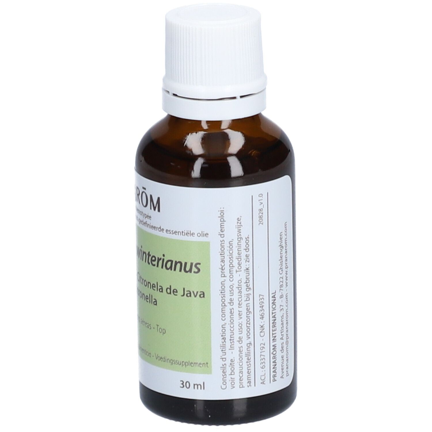 Bruine glazen fles met witte dop. Opschrift: Pranarôm, Cymbopogon winterianus, Citronnelle de Java. 30 ml.