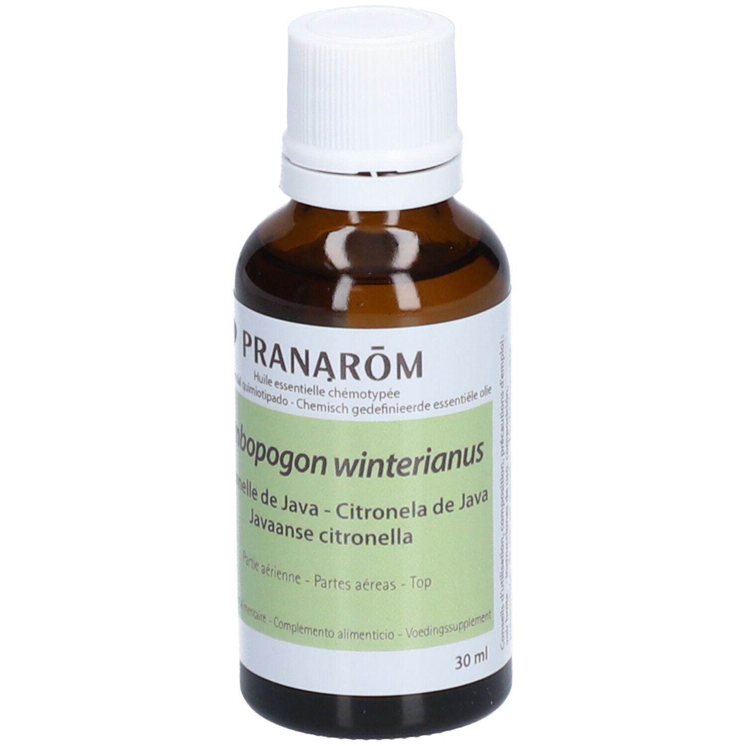 Bruine glazen fles met witte dop. Opschrift: Pranarôm, Cymbopogon winterianus, Citronnelle de Java. 30 ml.