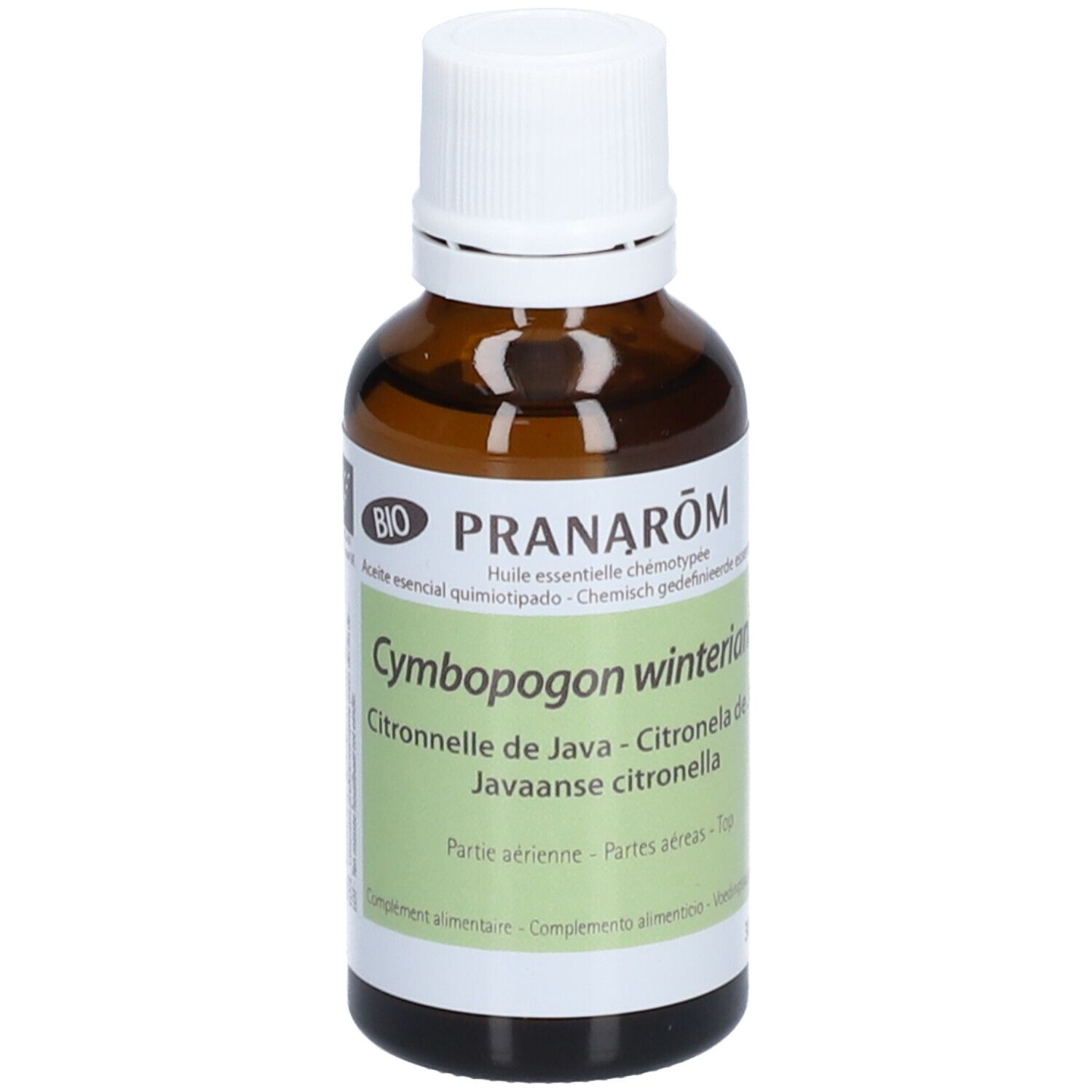 Bruine glazen fles met witte dop. Opschrift: Pranarôm, Cymbopogon winterianus, Citronnelle de Java. Bio-keurmerk.
