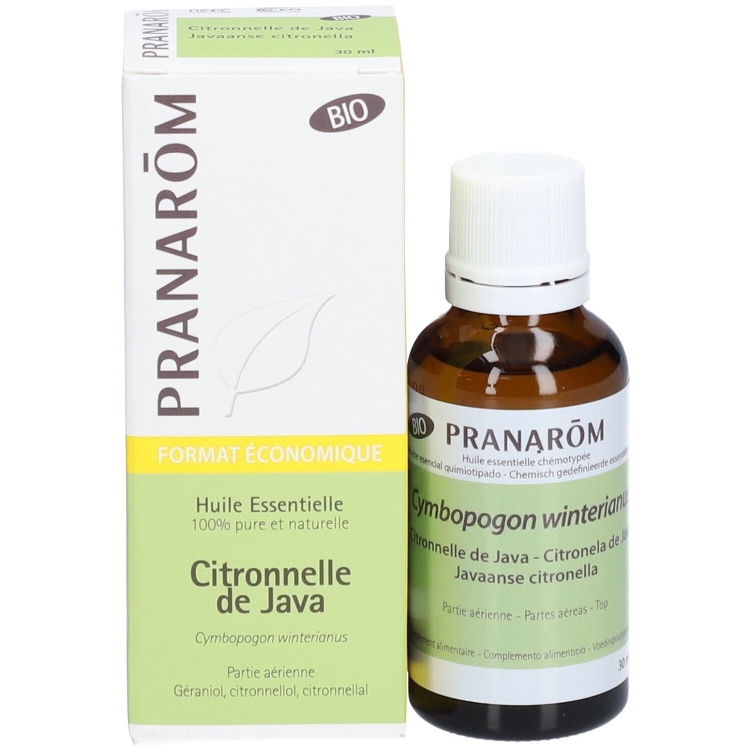 Verpakking en fles. Opschrift: Pranarôm, Citronnelle de Java, 30 ml. Bio-keurmerk.