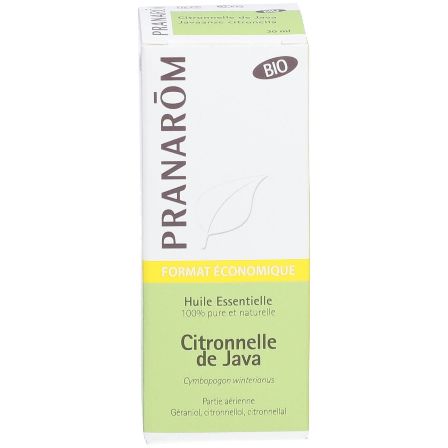 Verpakking. Opschrift: Pranarôm, Citronnelle de Java. Format économique. Bio-keurmerk.