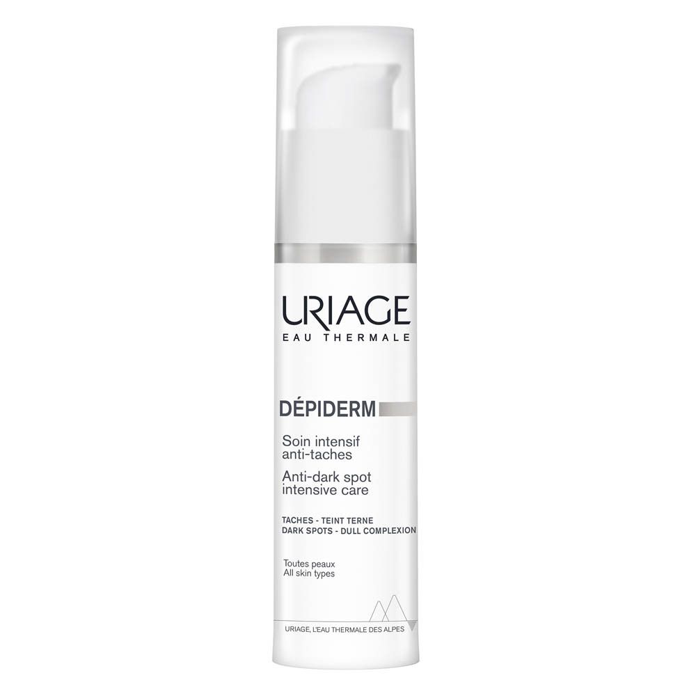 Flacon blanc Uriage Dépiderm. Texte: Dépiderm, SPF50+, soin anti-taches. Bouchon blanc. Vue de face.