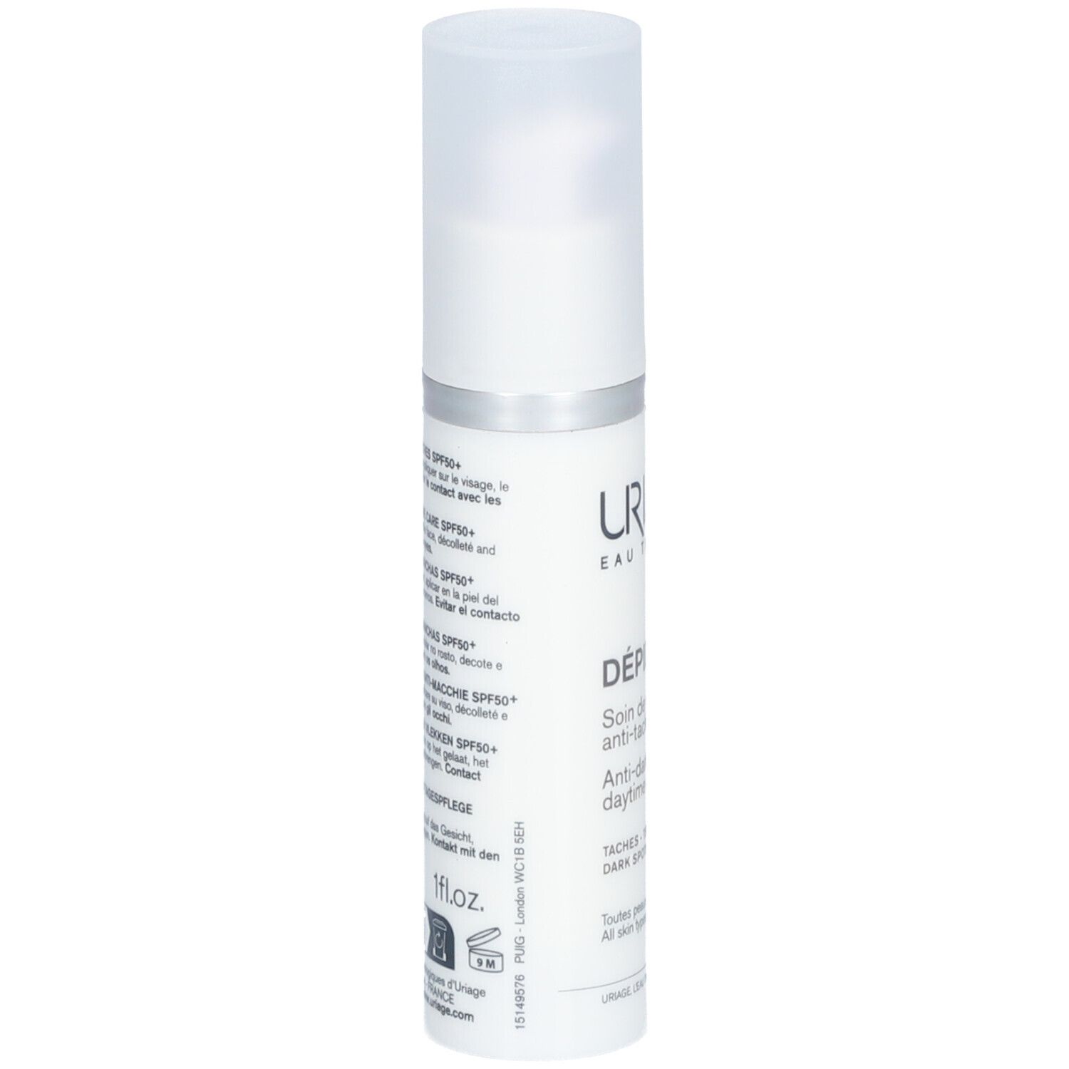Flacon blanc Uriage Dépiderm. Texte: Dépiderm, SPF50+, soin anti-taches. Vue latérale. Bouchon blanc.
