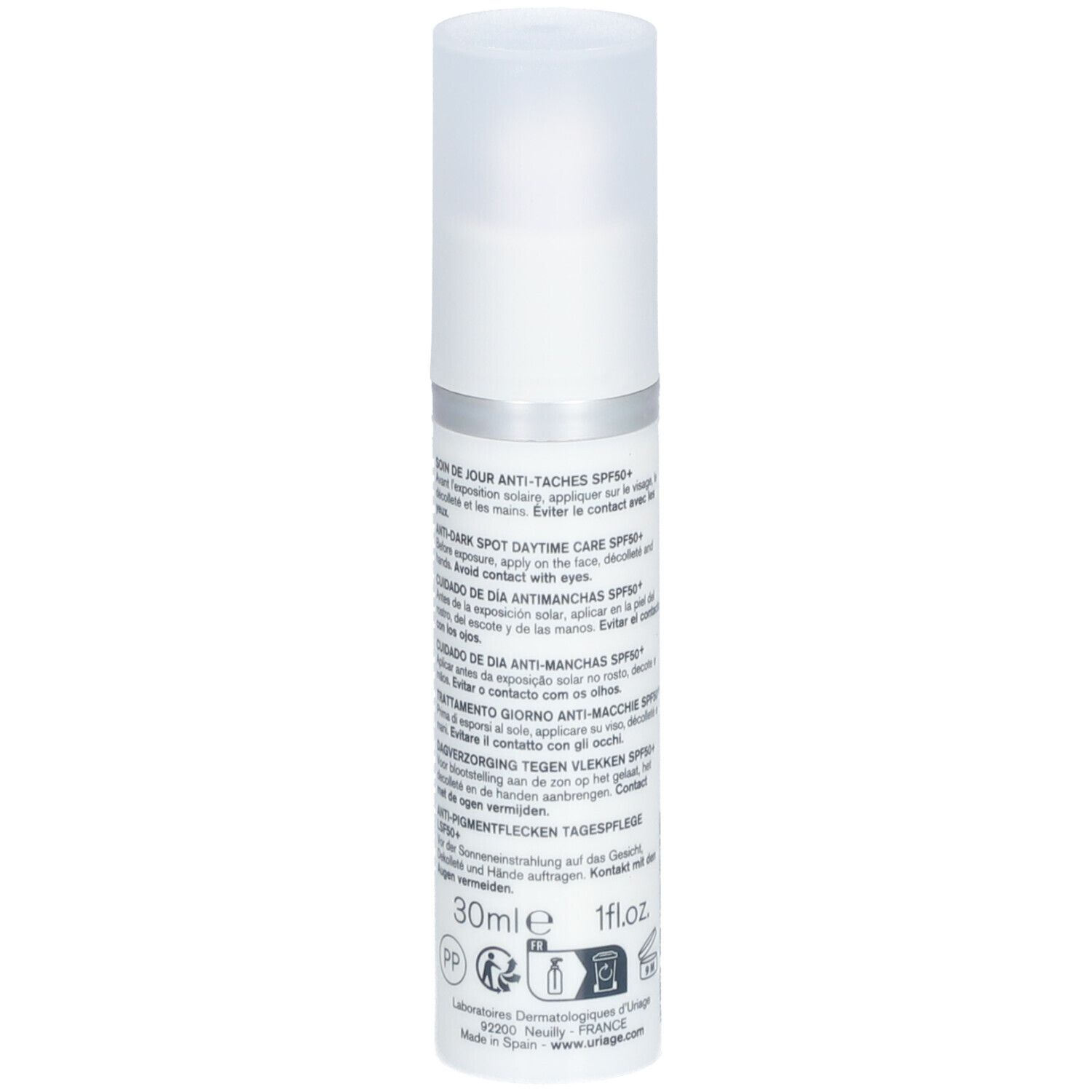 Dos du flacon Uriage Dépiderm. Texte multilingue. 30ml. Informations d'utilisation et de fabrication.