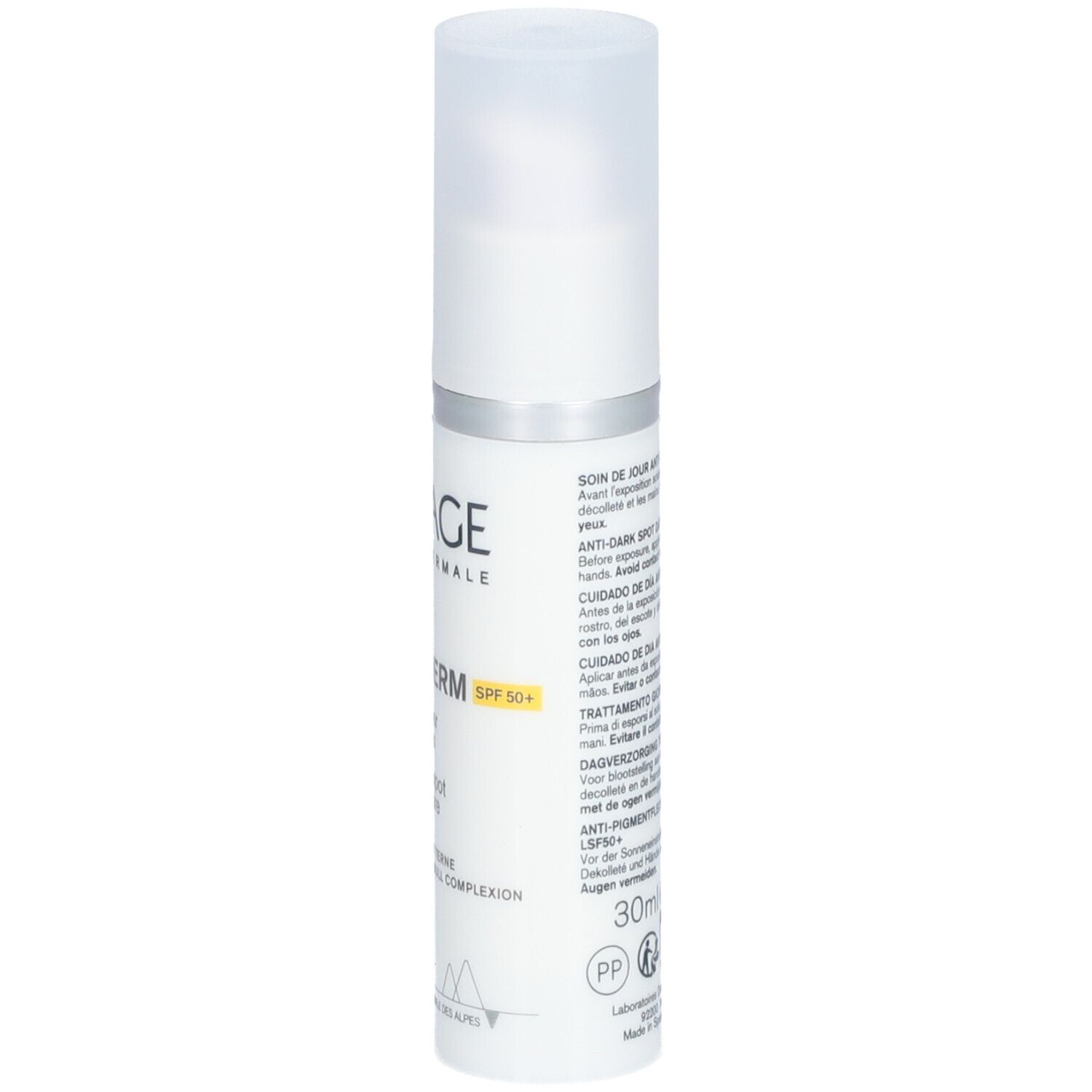 Flacon Uriage Dépiderm. Vue latérale. Texte: Dépiderm, SPF50+, soin anti-taches. 30ml.