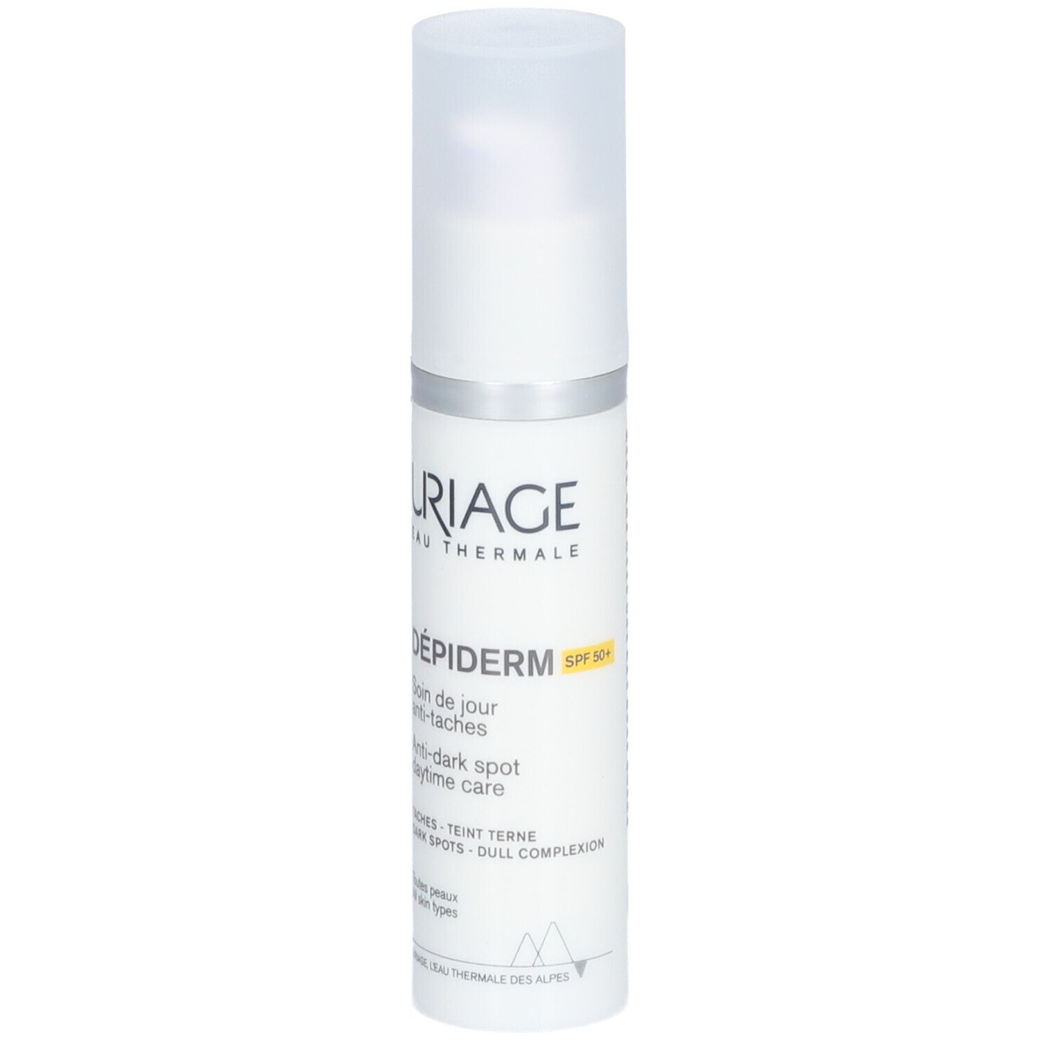 Flacon blanc Uriage Dépiderm. Texte: Dépiderm, SPF50+, soin anti-taches. Bouchon blanc. Vue de face.