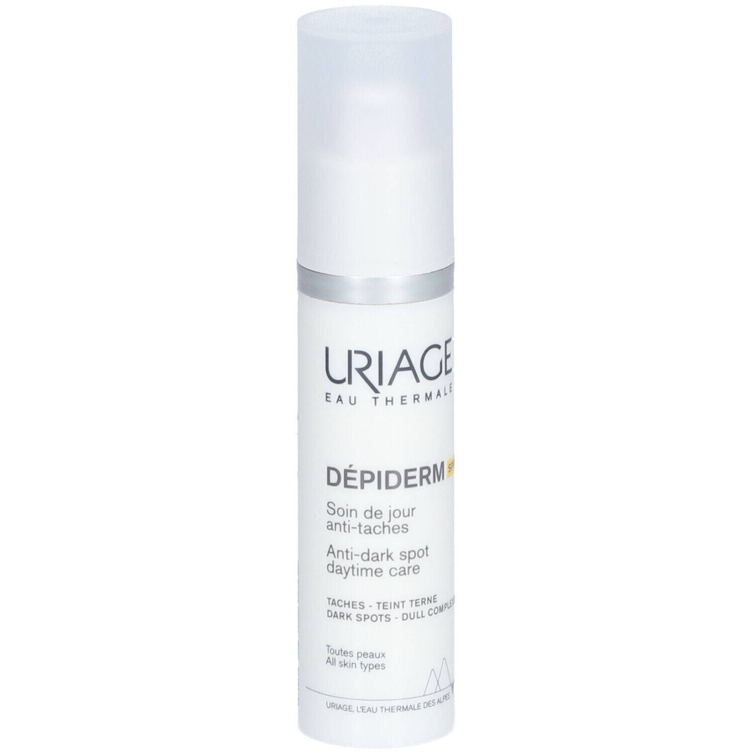 Flacon blanc Uriage Dépiderm. Texte: Dépiderm, SPF50+, soin anti-taches. Bouchon blanc. Vue de face.
