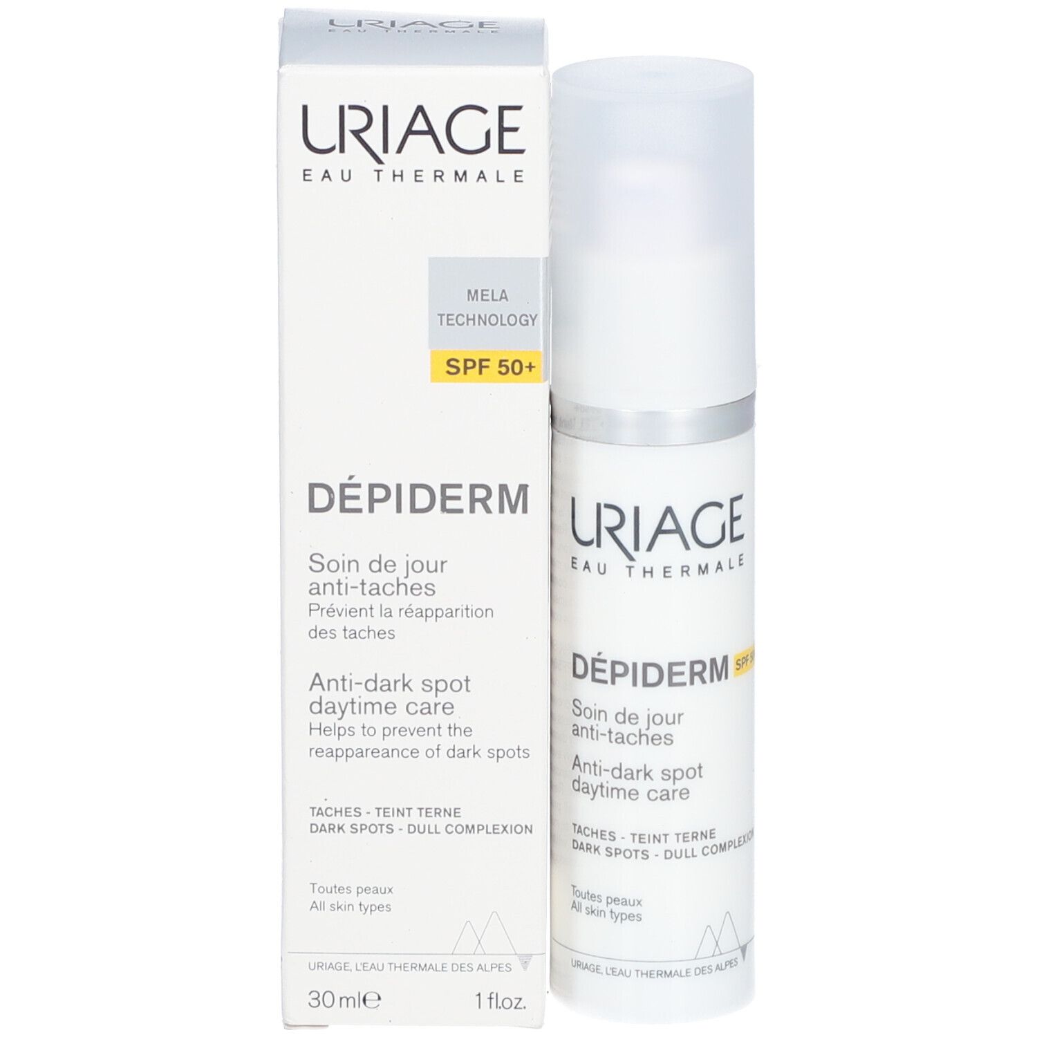 Uriage Dépiderm avec emballage. Texte: Dépiderm, SPF50+, soin anti-taches. 30ml. 1 fl.oz.