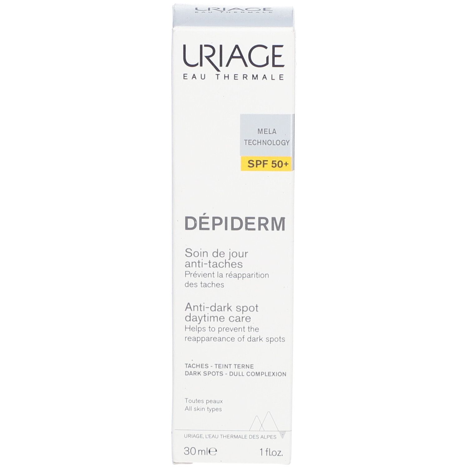 Emballage Uriage Dépiderm. Texte: Dépiderm, SPF50+, soin anti-taches. 30ml. 1 fl.oz.