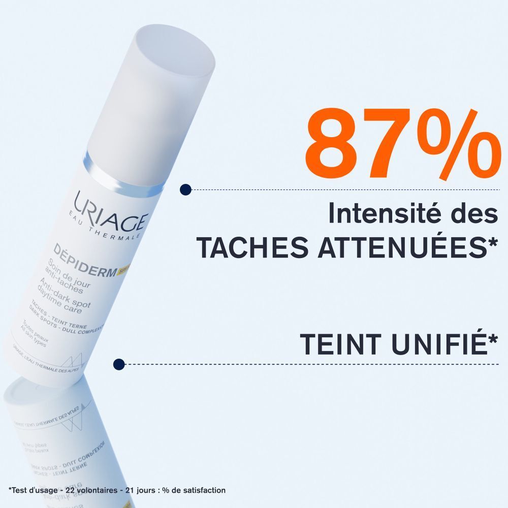 Flacon Uriage Dépiderm. Vue latérale. Texte: Dépiderm, SPF50+, soin anti-taches. 30ml.