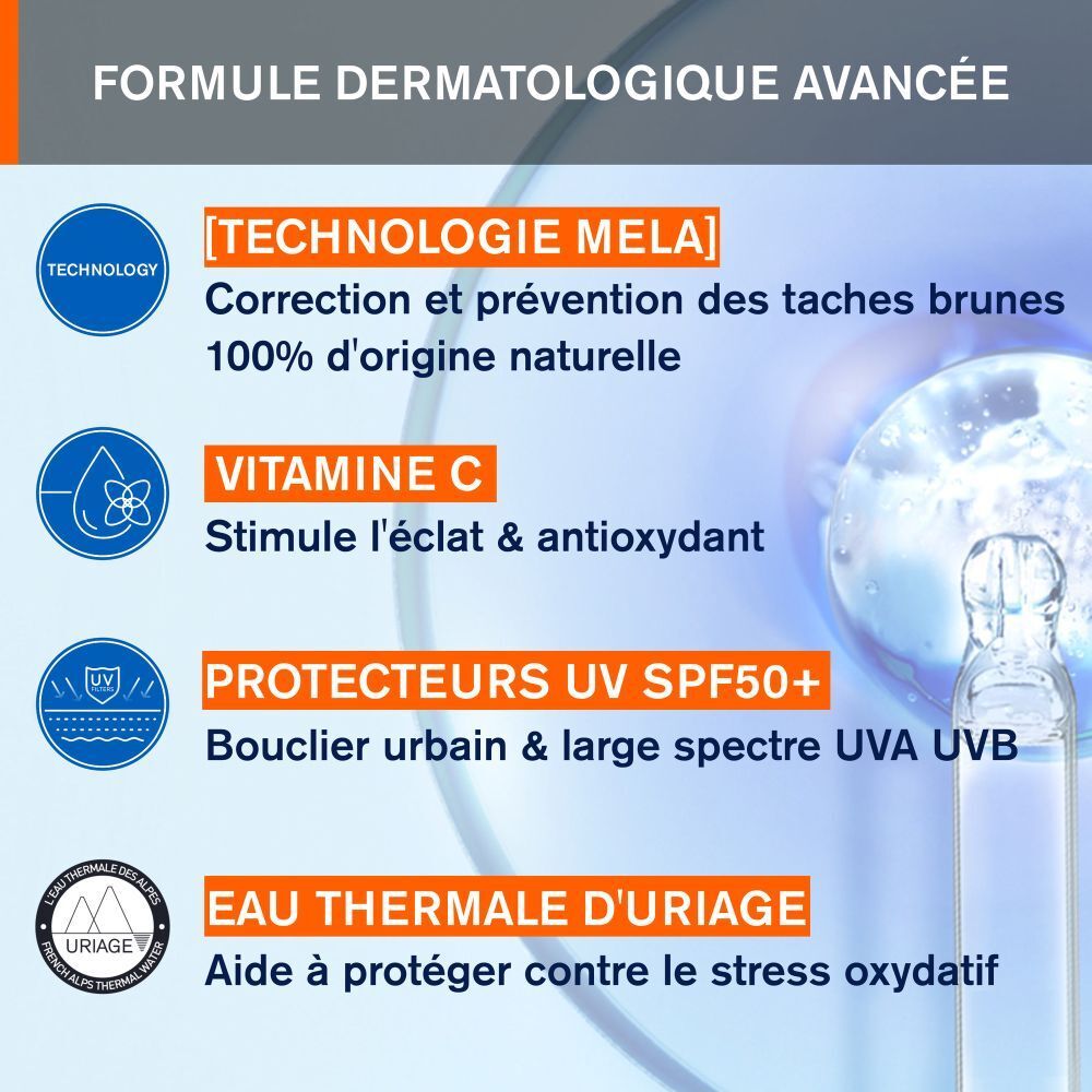 Flacon blanc Uriage Dépiderm. Texte: Dépiderm, SPF50+, soin anti-taches. Bouchon blanc. Vue de face.