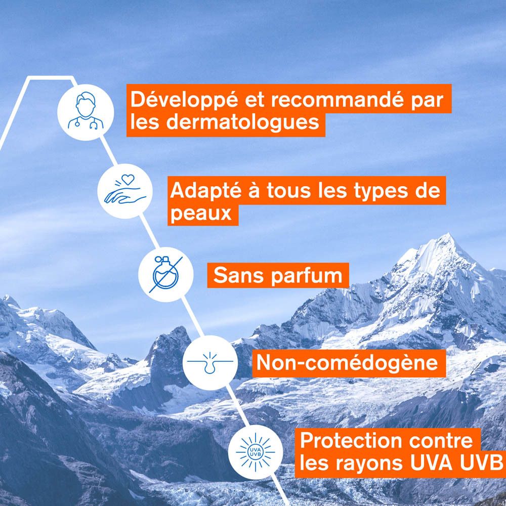 Flacon blanc Uriage Dépiderm. Texte: Dépiderm, SPF50+, soin anti-taches. Bouchon blanc. Vue de face.