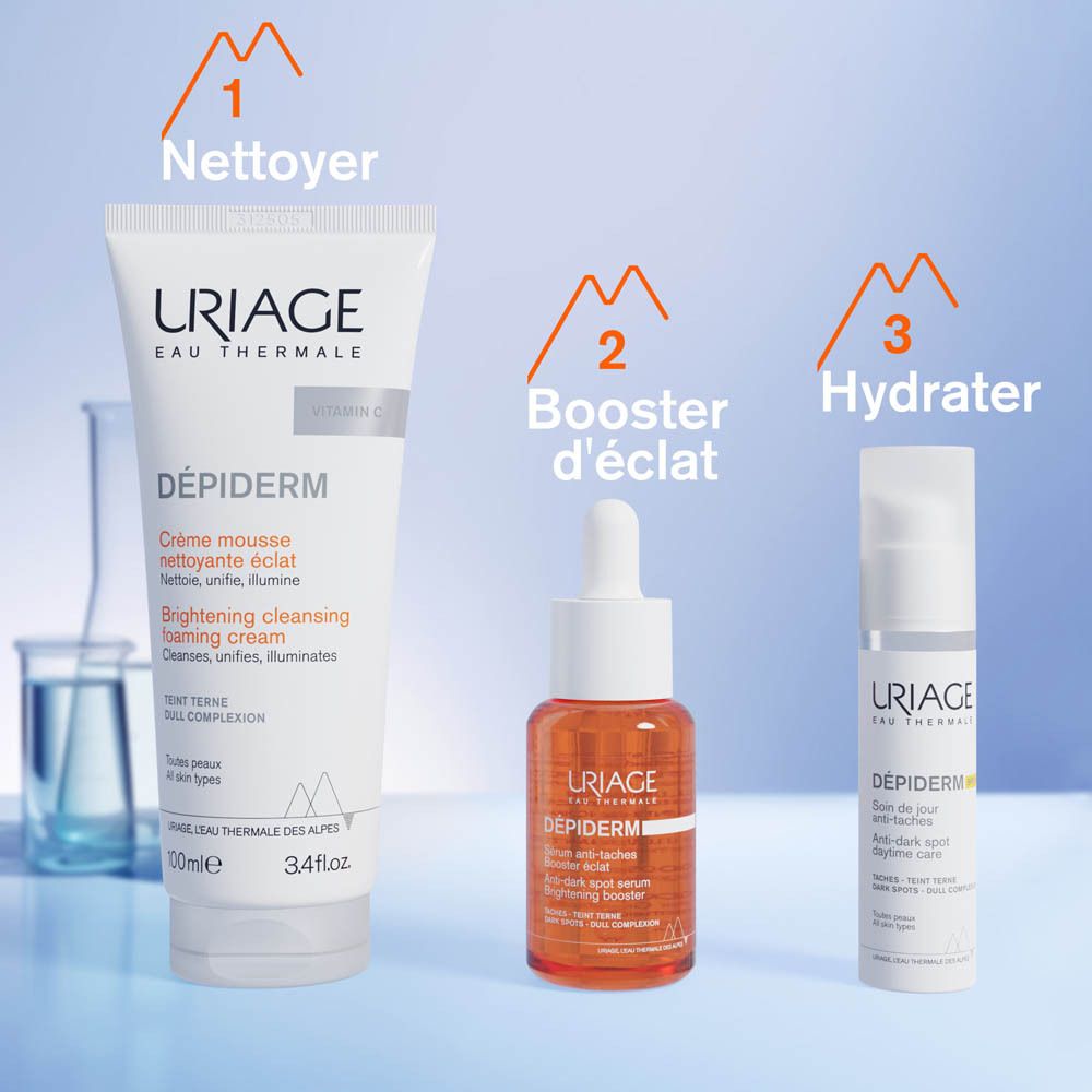 Uriage Dépiderm avec emballage. Texte: Dépiderm, SPF50+, soin anti-taches. 30ml. 1 fl.oz.