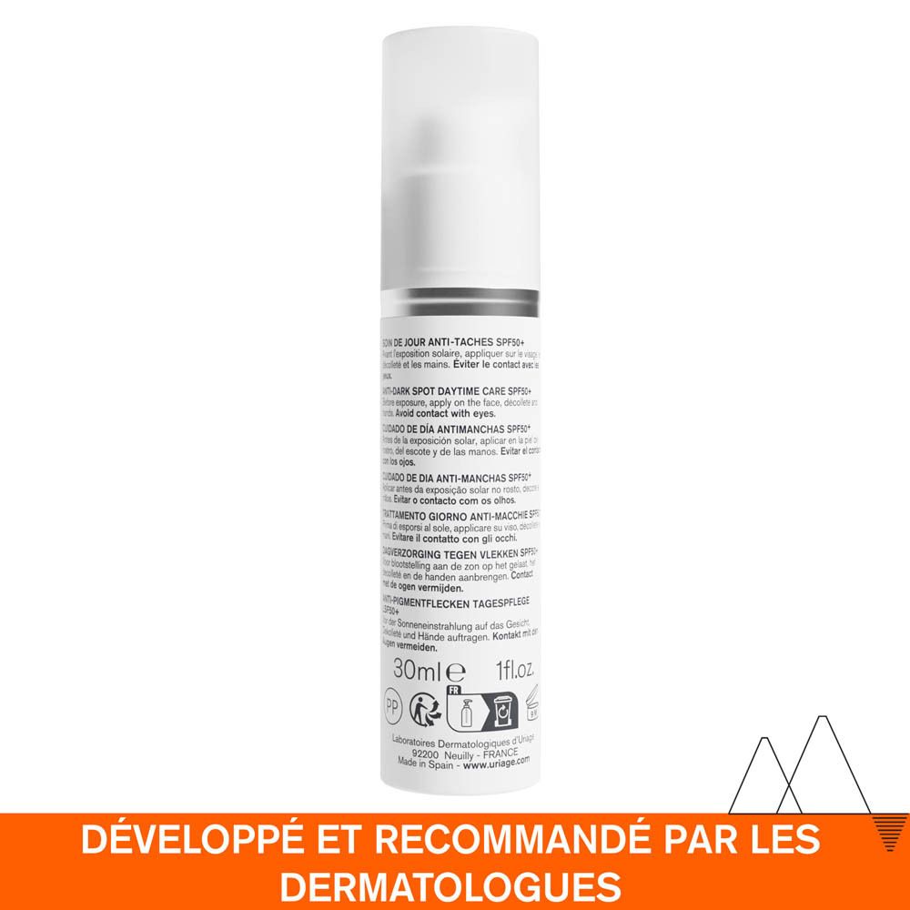 Emballage Uriage Dépiderm. Texte: Dépiderm, SPF50+, soin anti-taches. 30ml. 1 fl.oz.