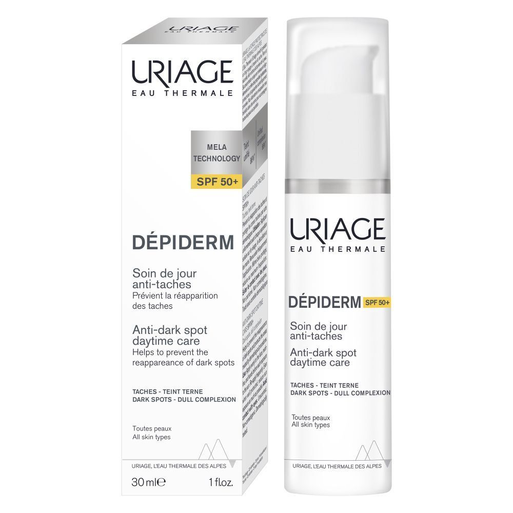 Flacon blanc Uriage Dépiderm. Texte: Dépiderm, SPF50+, soin anti-taches. Bouchon blanc. Vue de face.