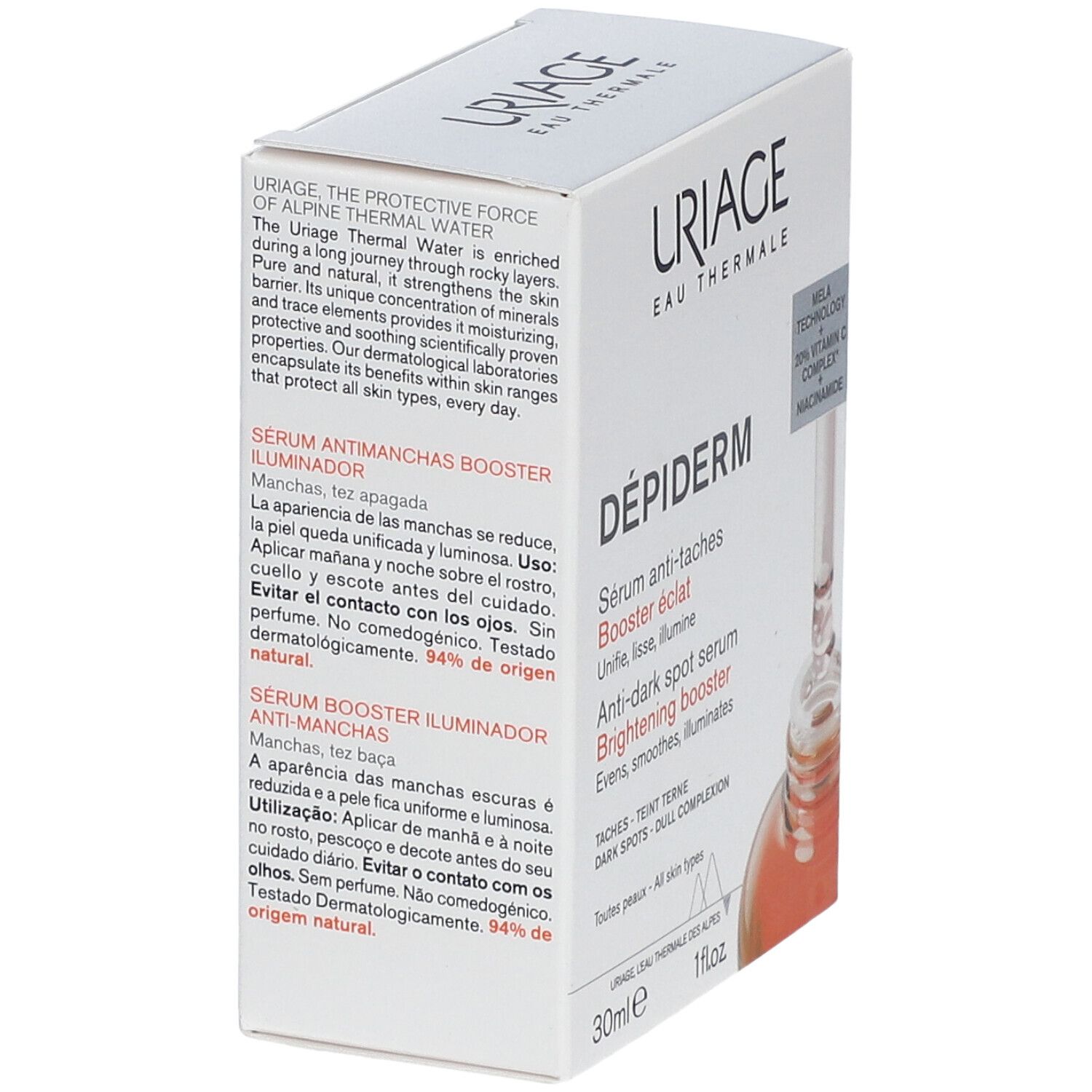Boîte de sérum URIAGE Dépiderm. Texte et image du produit. Flacon 30ml avec pipette.