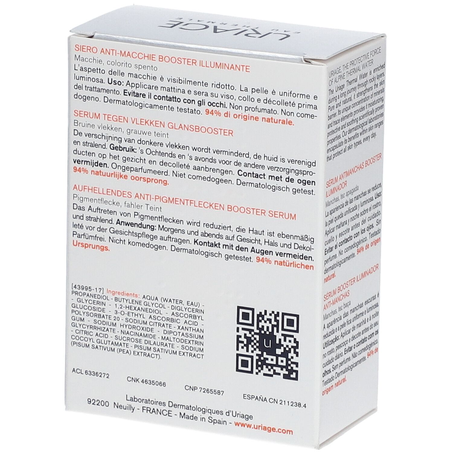 Dos de la boîte de sérum URIAGE Dépiderm. Texte et ingrédients. Code QR.