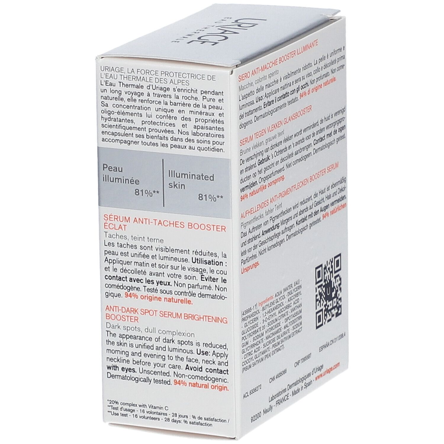 Dos de la boîte de sérum URIAGE Dépiderm. Texte et ingrédients. Code QR.