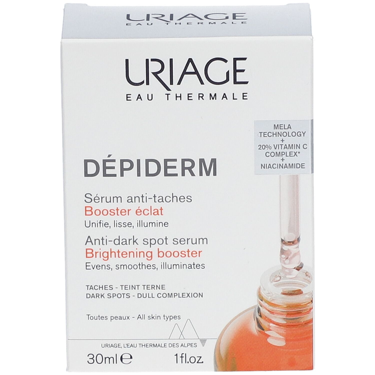 Boîte de sérum URIAGE Dépiderm. Texte et image du produit. Flacon 30ml avec pipette.