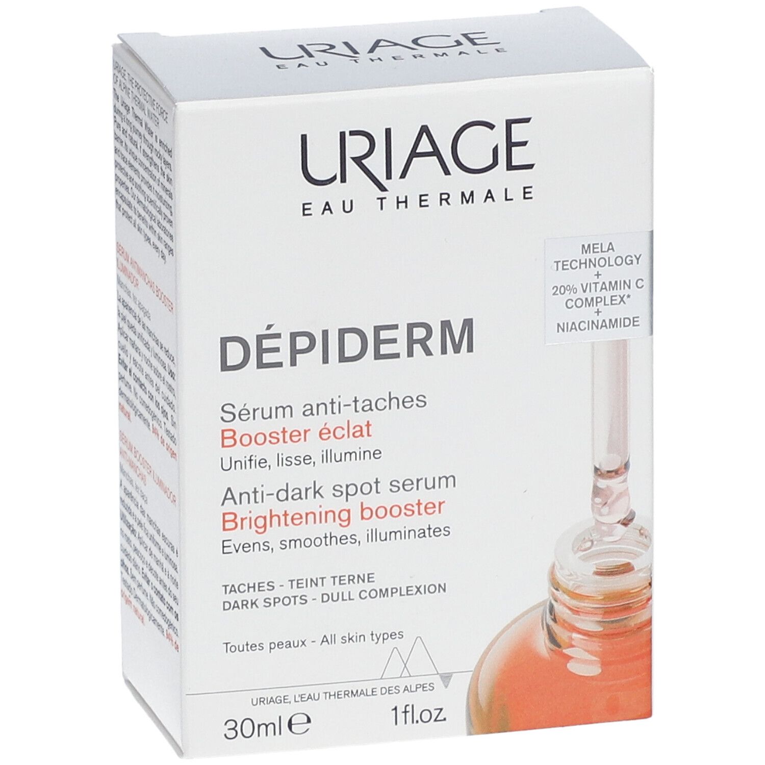 Boîte de sérum URIAGE Dépiderm. Texte et image du produit. Flacon 30ml avec pipette.