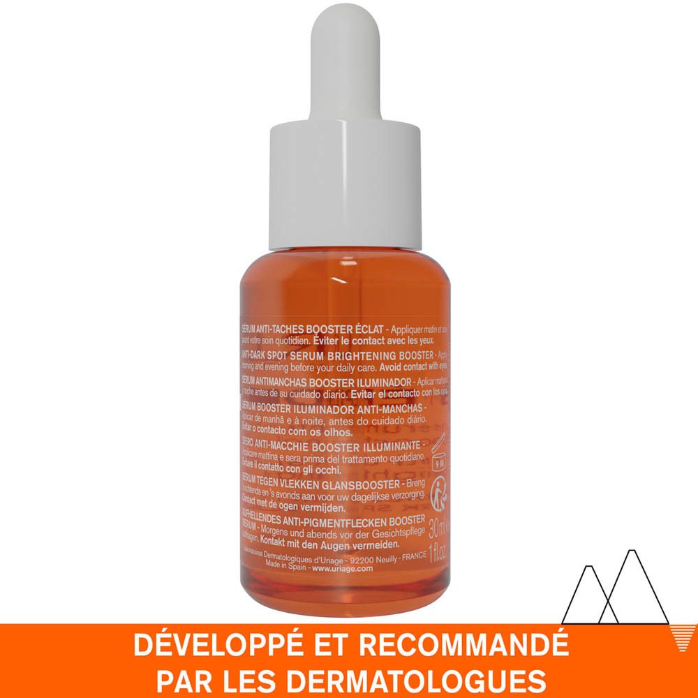 Sérum URIAGE Dépiderm en flacon de verre avec pipette. Texte au dos.