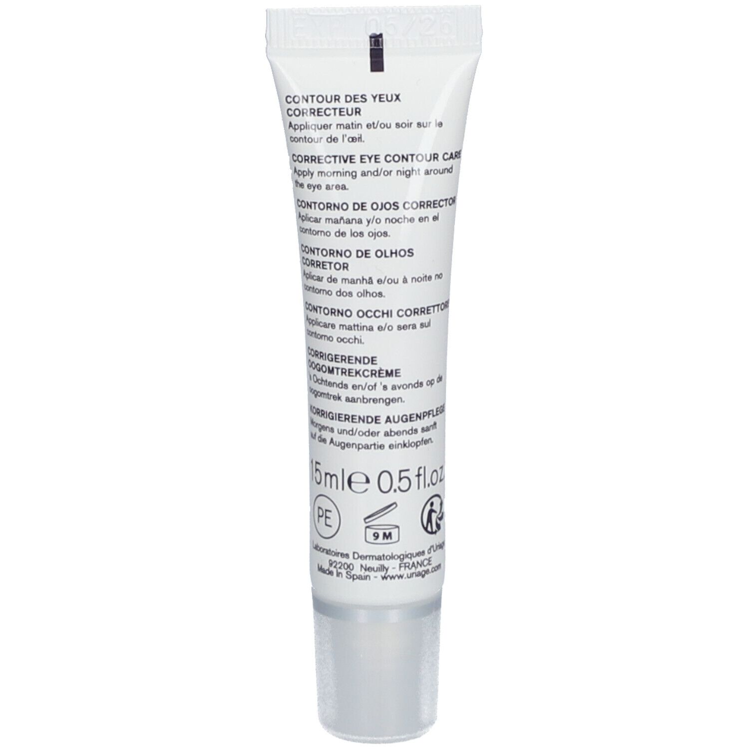 Dos du tube blanc URIAGE DÉPIDERM. Texte multilingue. 15ml, 0.5 fl.oz. Fabriqué en Espagne.