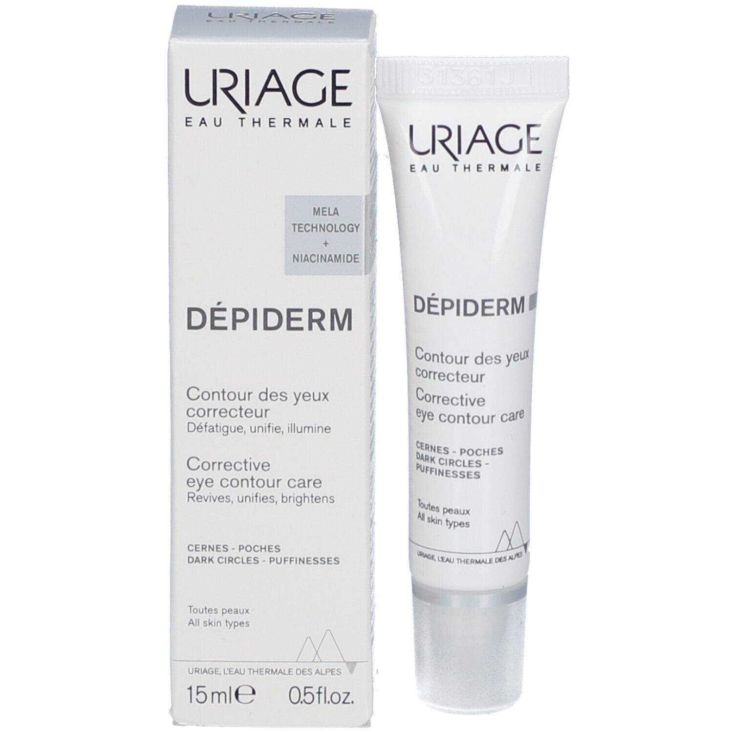 Emballage produit avec tube URIAGE DÉPIDERM. Texte en français et anglais. 15ml, 0.5 fl.oz. Avec boîte.