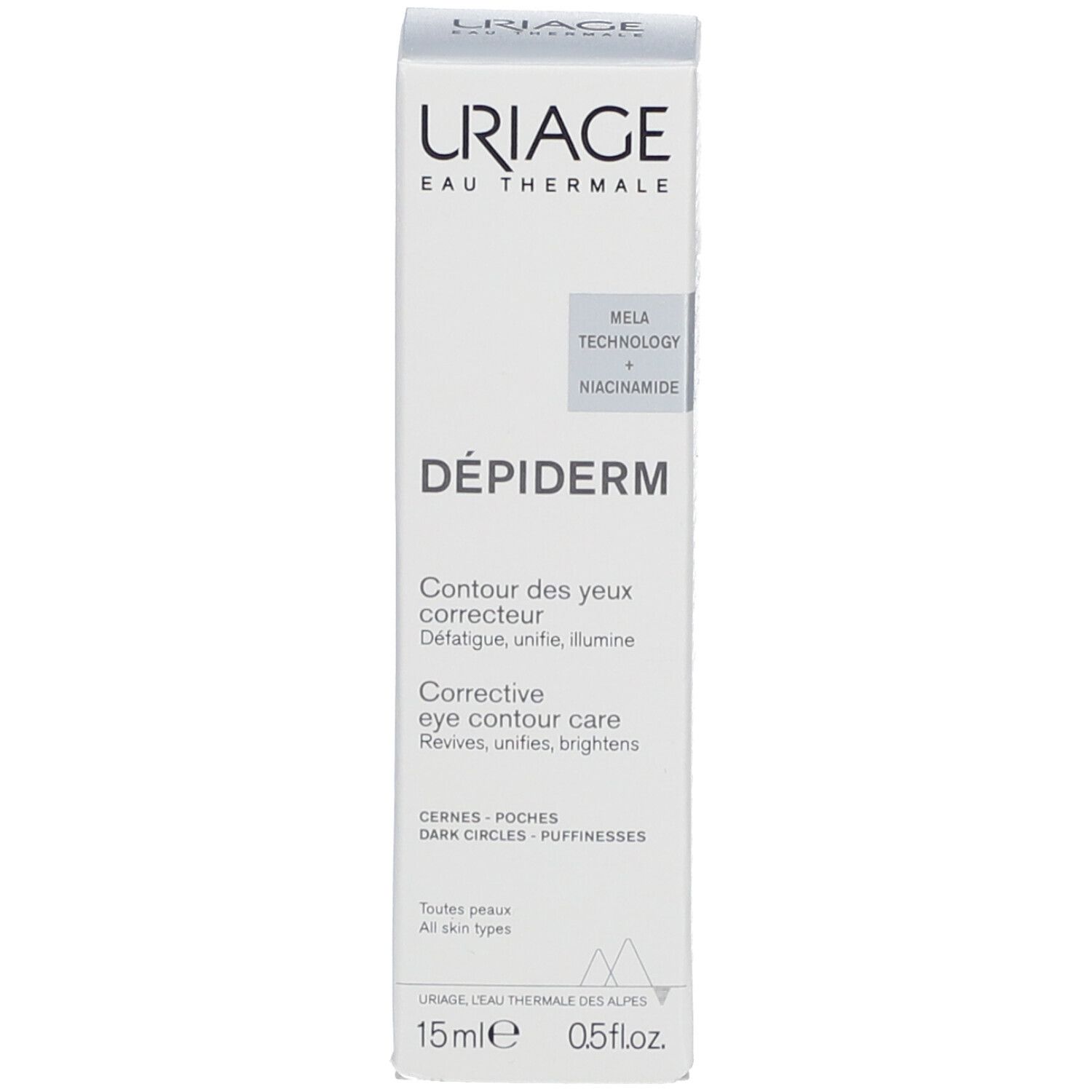 Emballage produit URIAGE DÉPIDERM. Texte en français et anglais. 15ml, 0.5 fl.oz. Boîte blanche.