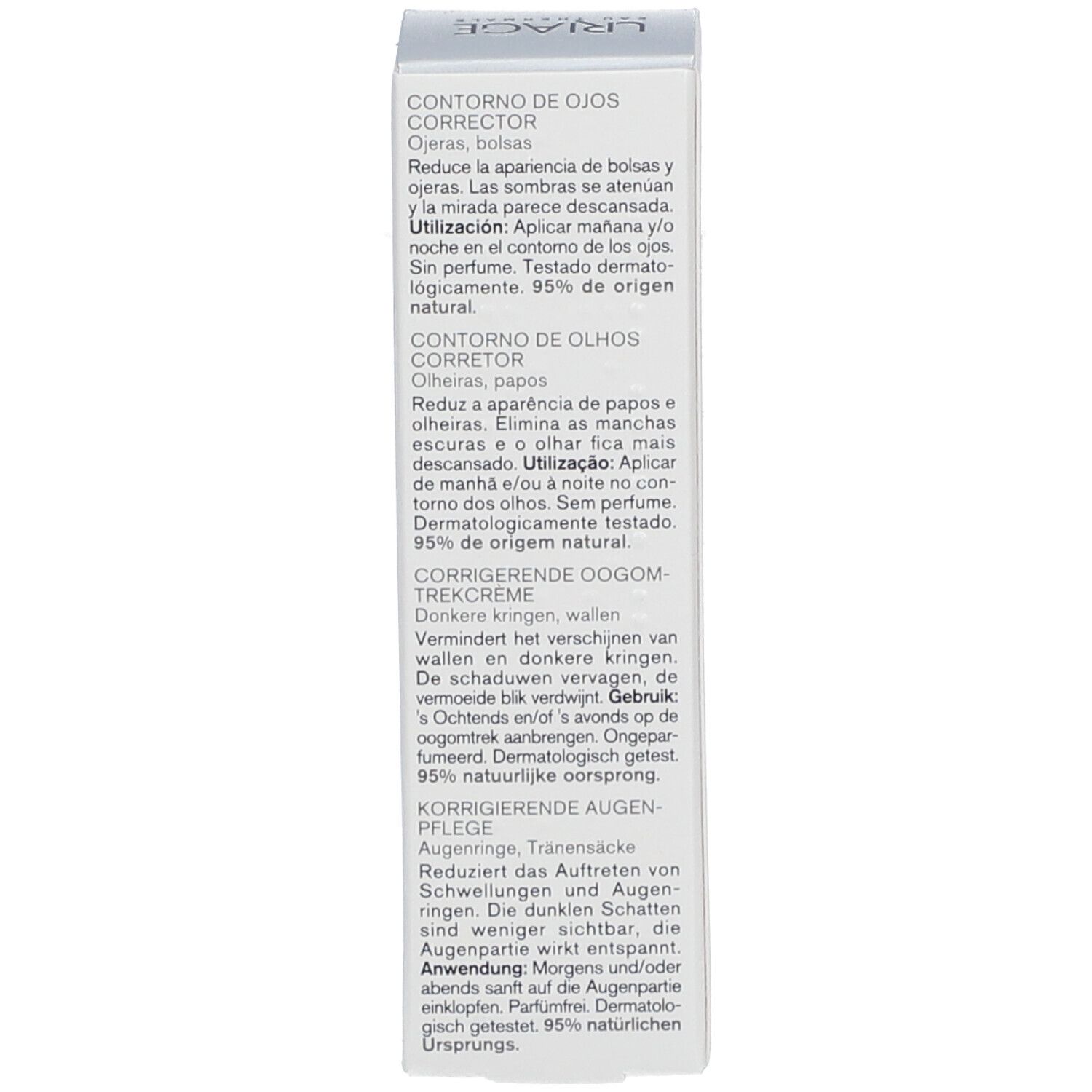 Dos de l'emballage URIAGE DÉPIDERM. Texte en espagnol, portugais, allemand. Mode d'emploi.