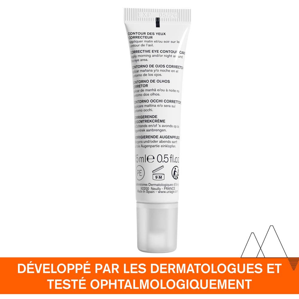 Dos du tube blanc URIAGE DÉPIDERM. Texte multilingue. 15ml, 0.5 fl.oz. Fabriqué en Espagne.