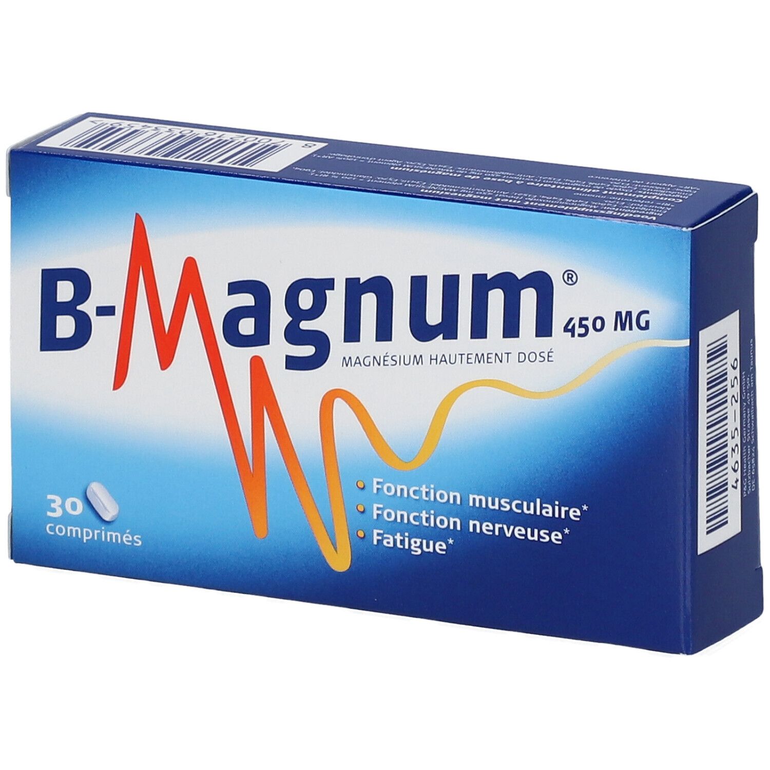 Blauw-witte doos B-Magnum 450 mg. Bevat 30 tabletten. Opschrift: Fonction musculaire, Fonction nerveuse, Fatigue.