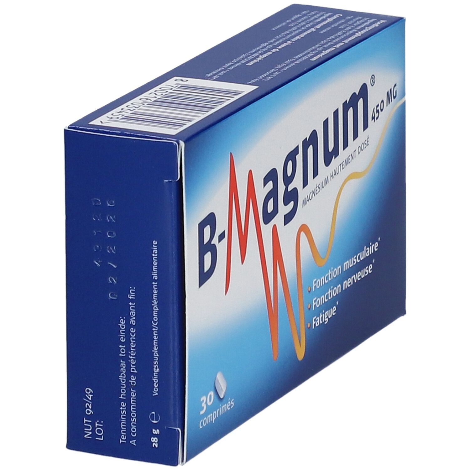 Blauwe doos B-Magnum 450 mg. Bevat 30 tabletten. Opschrift: Fonction musculaire, Fonction nerveuse, Fatigue. Houdbaarheidsdatum.